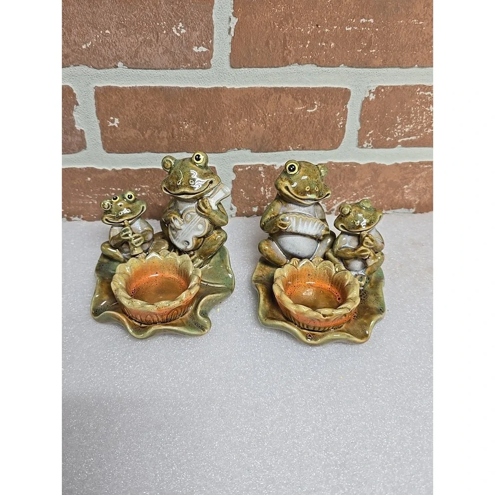 Frogs Toads Votive Candle‎ Holder Playing Instruments on Lily Pad Ceramic Lot 2